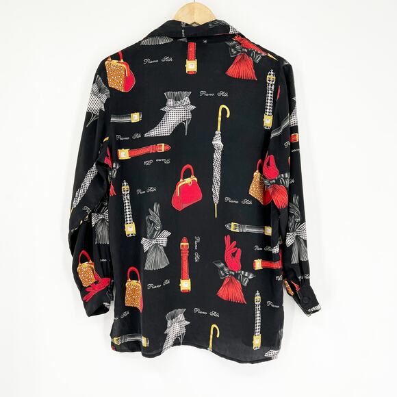 Vintage Piano Baroque Novelty Print 100% Silk Button Down Blouse Medium - Picture 3 of 7